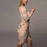 Women Summer Dresses Midi Dress Sexy V-neck Long Sleeve Printed Dress