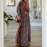 Women Bohemian Dress Women's Spring and Summer Print V-neck Split Dress