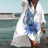 Women Bohemian Dress Summer Loose Lapel Long Sleeves Printed Dress