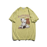 Men's T Shirt Summer Casual Tops Cartoon Plush Bear Embroidery Short Sleeve T-shirt Men's round Neck Half Sleeve Street Fashion Cropped Sleeve