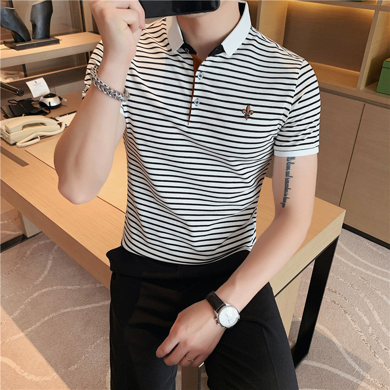 Men Polo Shirts Stretch Knitted Cotton Embroidered Slim Lapel T-shirt Striped Short Sleeve