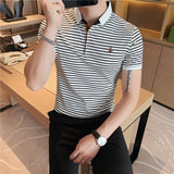 Men Polo Shirts Stretch Knitted Cotton Embroidered Slim Lapel T-shirt Striped Short Sleeve