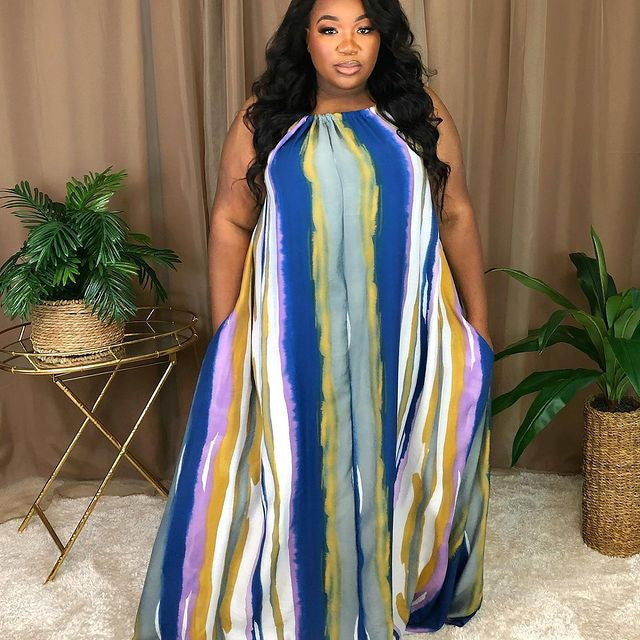 Women Plus Size Maxi Dresses Summer Color-Striped Printing Halter Loose Dress