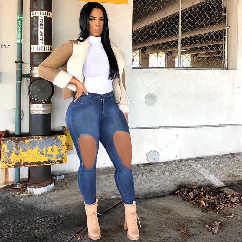 Women Plus Size Jeans High Waist Slim Fit Pencil Pants