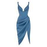 Bella Hadid Dress Satin Fishbone Fold Split Suspender Midi Dress