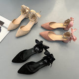 Nude Block Heel Sandals Bow Rhinestone High Heel Shoes