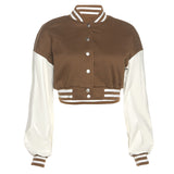 Women Coats Autumn and Winter Women's Single-Breasted Slim Jacket Pu Stitching Long Sleeve Baseball Uniform Coat