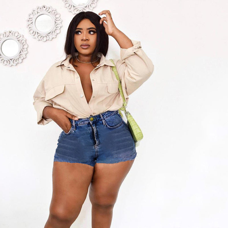 Women Plus Size Denim Shorts Solid Color Casual Denim Straight Shorts