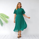 Women Plus Size Maxi Dresses Summer Green Bell Sleeve Ruffled Backless Chiffon Dress