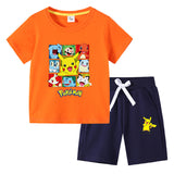 Children Pokemon Pikachu Tshirts & Shorts round Neck Half Sleeve T-shirt Suit Cotton Two-Piece Suit
