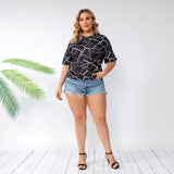 Women plus Size Tops Summer Loose Geometric Striped Short Sleeve T-shirt Casual Fashion Tops