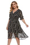 Women Plus Size MIDI Dresses V Collar Waist-Tight Chiffon Printed Dress