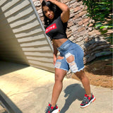 Women Plus Size Denim Shorts Slim Fit Ripped Denim Shorts
