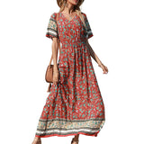 Beth Dutton Bohemian Dress Summer Spring Midi Dresses V-neck Waist Trimming Printing Vacation Beach Dress
