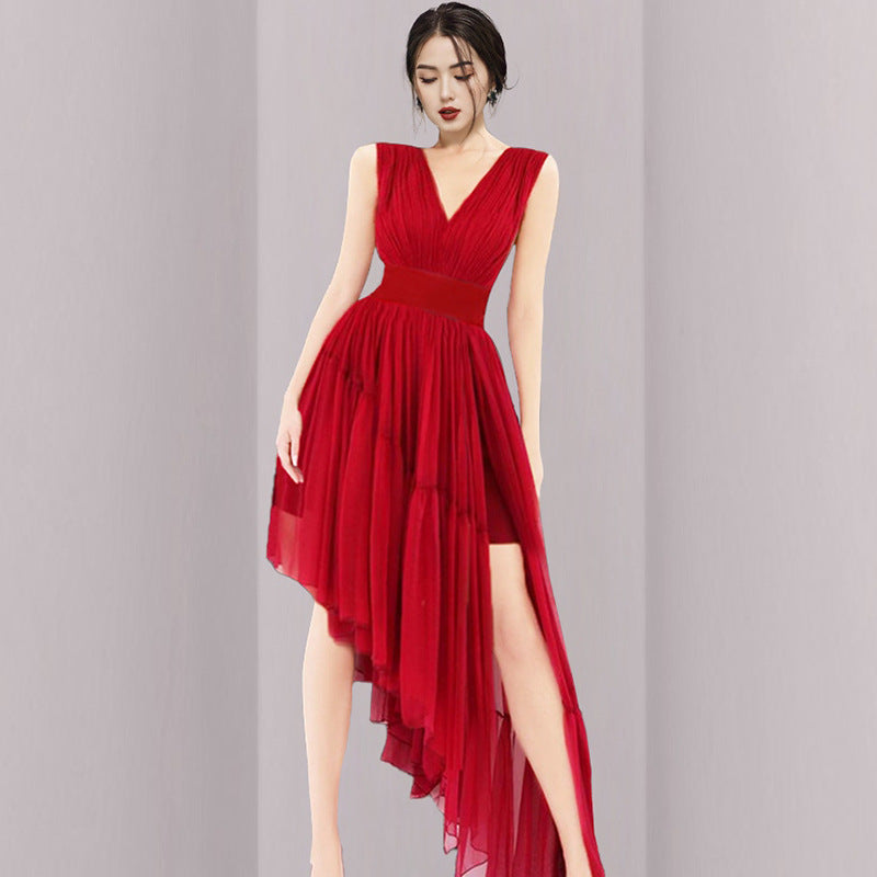 Prom Dresses Summer Red Elegant V-neck Irregular Cinched Bottoming Dress Sleeveless