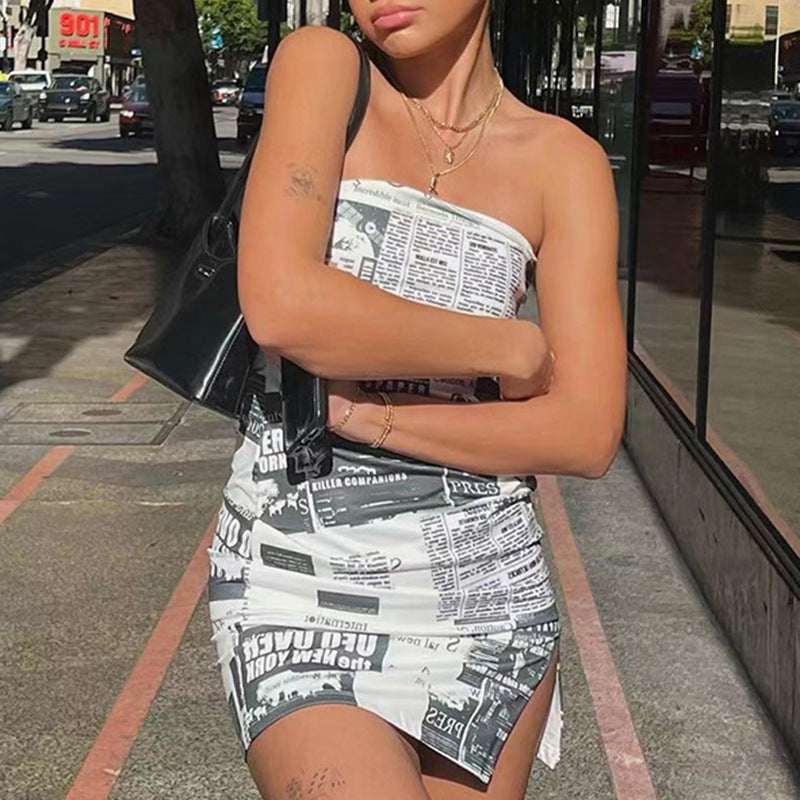 Abstract Bodycon Dress Printed Dress Short Skirt Slim-Fit Chest Wrap Split Sexy Dress