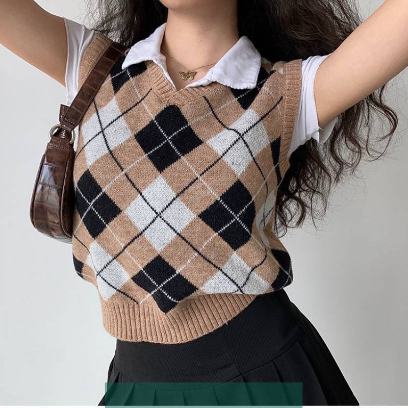 Preppy Aesthetic Outfits Short Retro Pullover Rhombus Knitted Vest Jacket Women's Pullover
