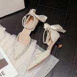 Nude Block Heel Sandals Pearl Chain High Heel Sandals