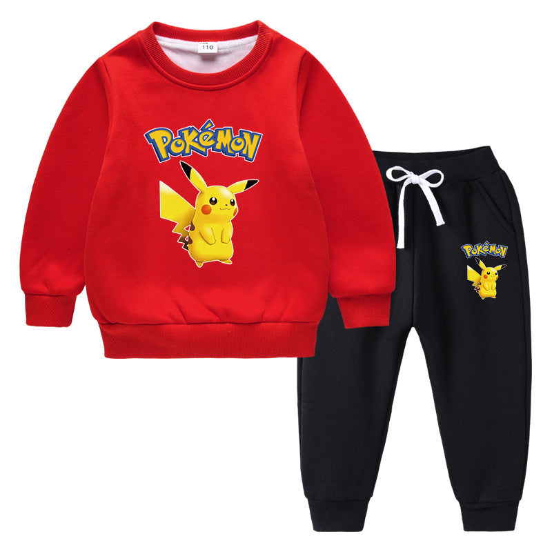 Children Pokemon Pikachu Hoodie & Pant Set Fleece Lined Padded Warm Keeping Winter Clothes Sweatershirt Suit