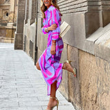 Women Bohemian Dress Casual Long Sleeve Striped Printed Dress