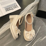 Nude Pumps Block Heel Bowknot Chunky Heel Pearl Mary Jane Leather Shoes