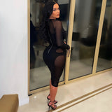 Kesha Black Dress Women's Fashion Sexy Mesh Stitching See-through Tied Dress