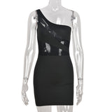 Kesha Black Dress Sexy Contrast Color Mesh One-Shoulder Dress for Women