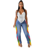 Women Plus Size Jeans High Waist Slim Fit Multicolored Tassel Denim Skinny Pants