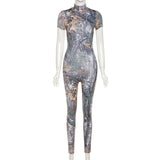 Summer women's fashion printed short-sleeved hip-lifting sports jumpsuit women