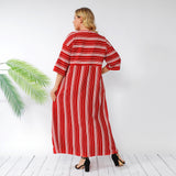 Women Plus Size Maxi Dresses Spring/Summer Double Pocket Red Striped Loose Casual Dress