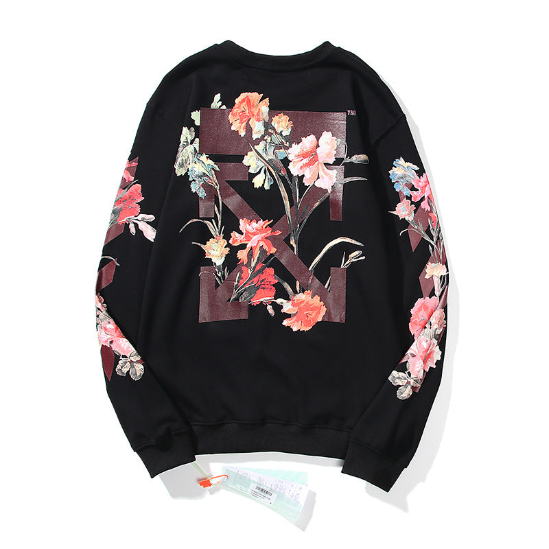 Off White Long Sleeve Round Neck Sweater Flower Arrow Pattern Crew Neck Pullover Sweatshirt Men And Women