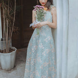 Women Cottagecore Dress Green Waist Trimming Spaghetti Straps Dress Summer