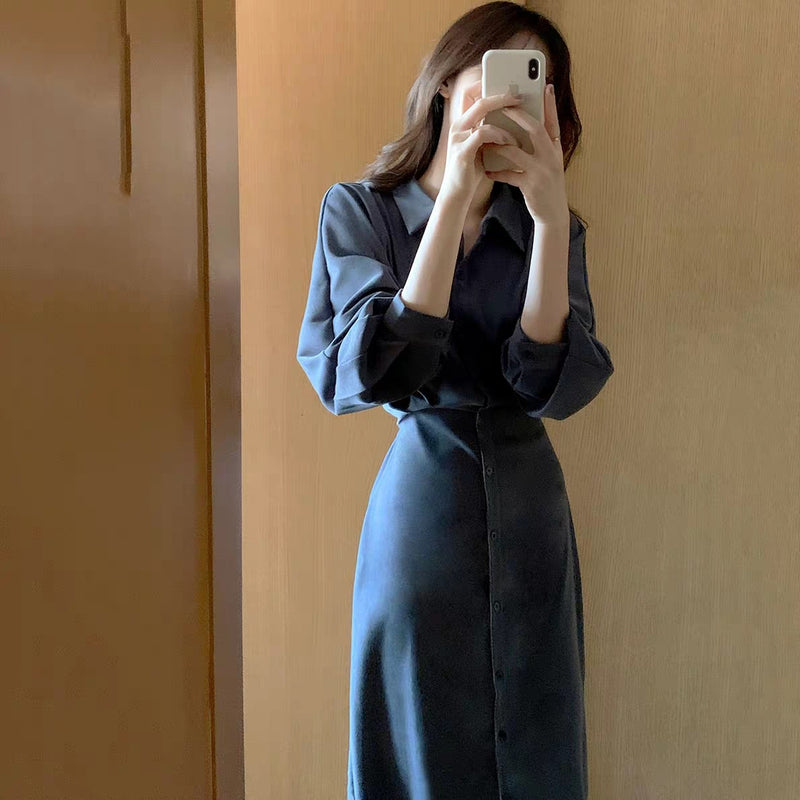 Work Dresses for Teachers Spring Vintage Temperament Waist-Controlled Slimming Shirt Dress Women's Long Dress