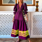 Women Bohemian Dress Spring and Autumn Hollow-out Cinched Dress