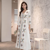 Beth Dutton Bohemian Dress Winter Autumn Midi Dresses Embroidered Cotton Linen Soft V-neck Long Sleeve Waist-Controlled Lace-up Vacation Long Dress