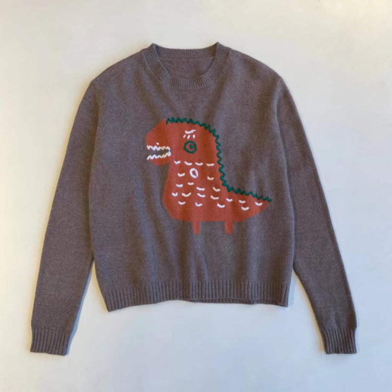 Dinosaur Sweaters Card round Neck Knitted Sweater