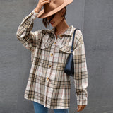 Beth Dutton Outfits Autumn and Winter Plaid Harajuku Cardigan Single-Breasted Long Sleeve Cotton Polo Collar Shirt