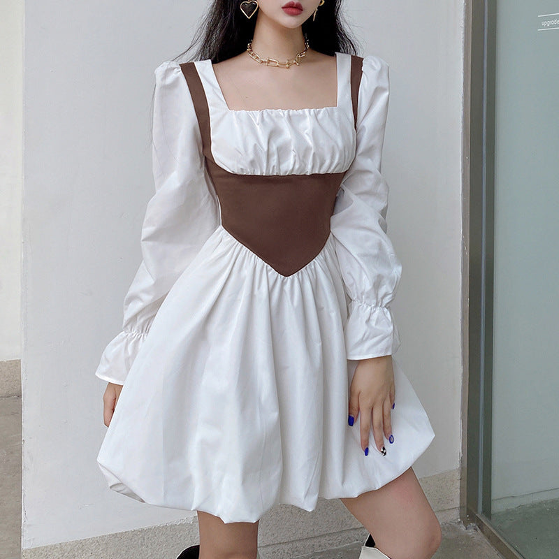 Vintage Empire Waist Dress Vintage Contrast Color Waist Square Collar Puff Sleeve Dress