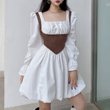 Vintage Empire Waist Dress Vintage Contrast Color Waist Square Collar Puff Sleeve Dress