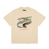Present T Shirt Shark Print Distressed Loose Heavy Cotton