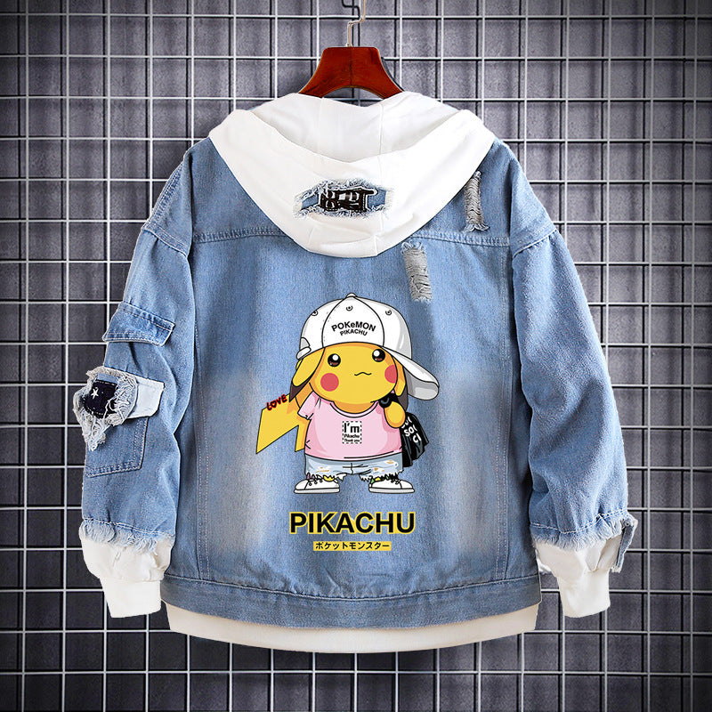 Men and Women Pokemon Pikachu Coat Spring and Autumn Pikachu Anime Denim Hoodie