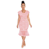 Sexy round Neck Lace Fishtail Skirt Swing See-through Dress