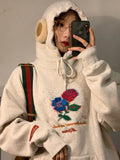 Black Rose Hoodie Vintage Fleece-Lined Thickening Embroidery Rose Sweater