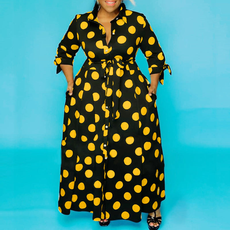 Women Plus Size Maxi Dresses Shirt Long Sleeve Dotted Prints Dress