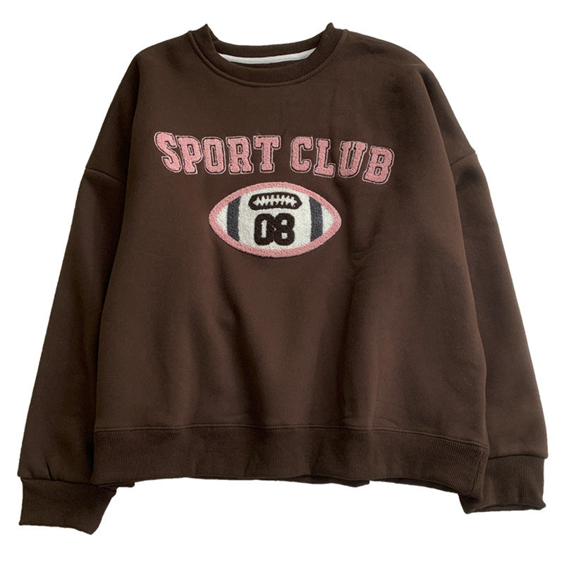 Diana Harvard Sweatshirt Vintage Towel Embroidery Fleece-Lined Crew Neck Sweater Pullover Top