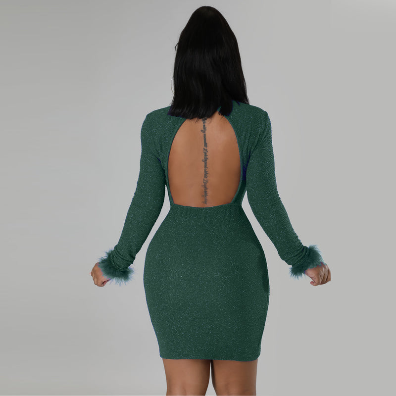 Bella Hadid Dress Backless Sexy Dress Feather Long Sleeve Narrow