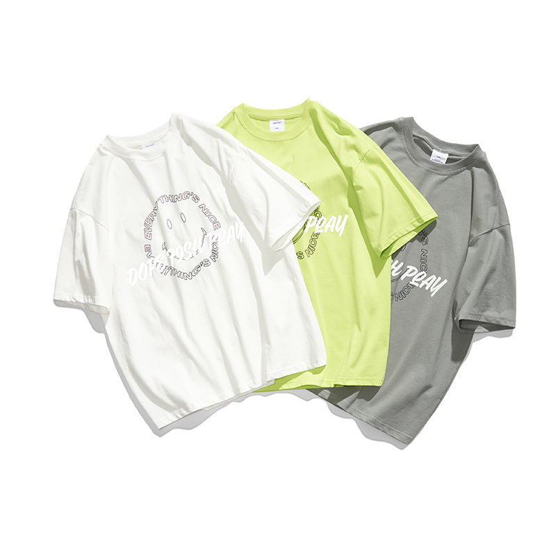 Cartoon Smiley Face Short-Sleeved T-shirt Men's Summer round Neck Half-Sleeve Pure Cotton Top Casual T-shirt Trendy T