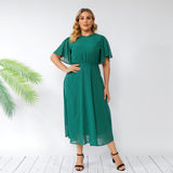 Women Plus Size Maxi Dresses Summer Green Bell Sleeve Ruffled Backless Chiffon Dress