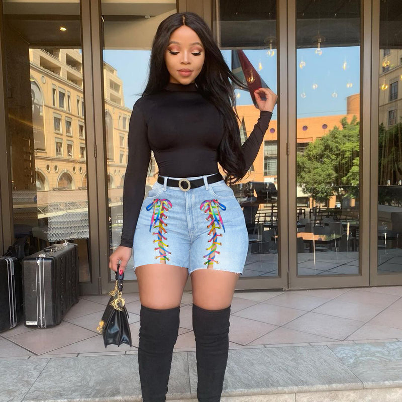 Women Plus Size Denim Shorts Slim-Fit Lace Up Denim Shorts