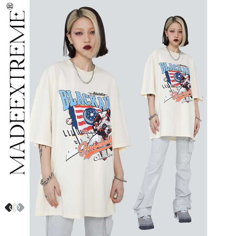 Blackair T Shirt Summer Short Sleeve Baseball Retro Printed Loose T-shirt